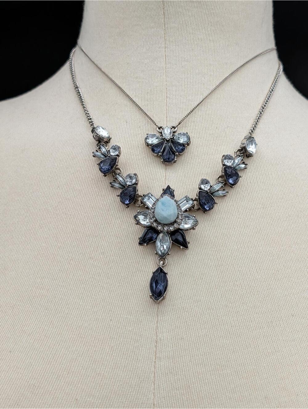Vintage Boho Floral Starburst Layered Y-Necklace Pale Blue Navy Rhinestone